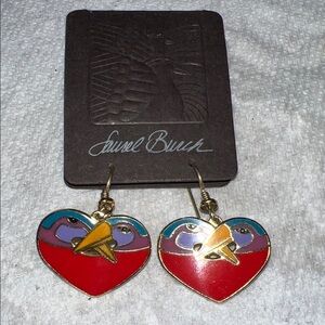 Vintage Laurel Burch bird heart enameled dangle earrings